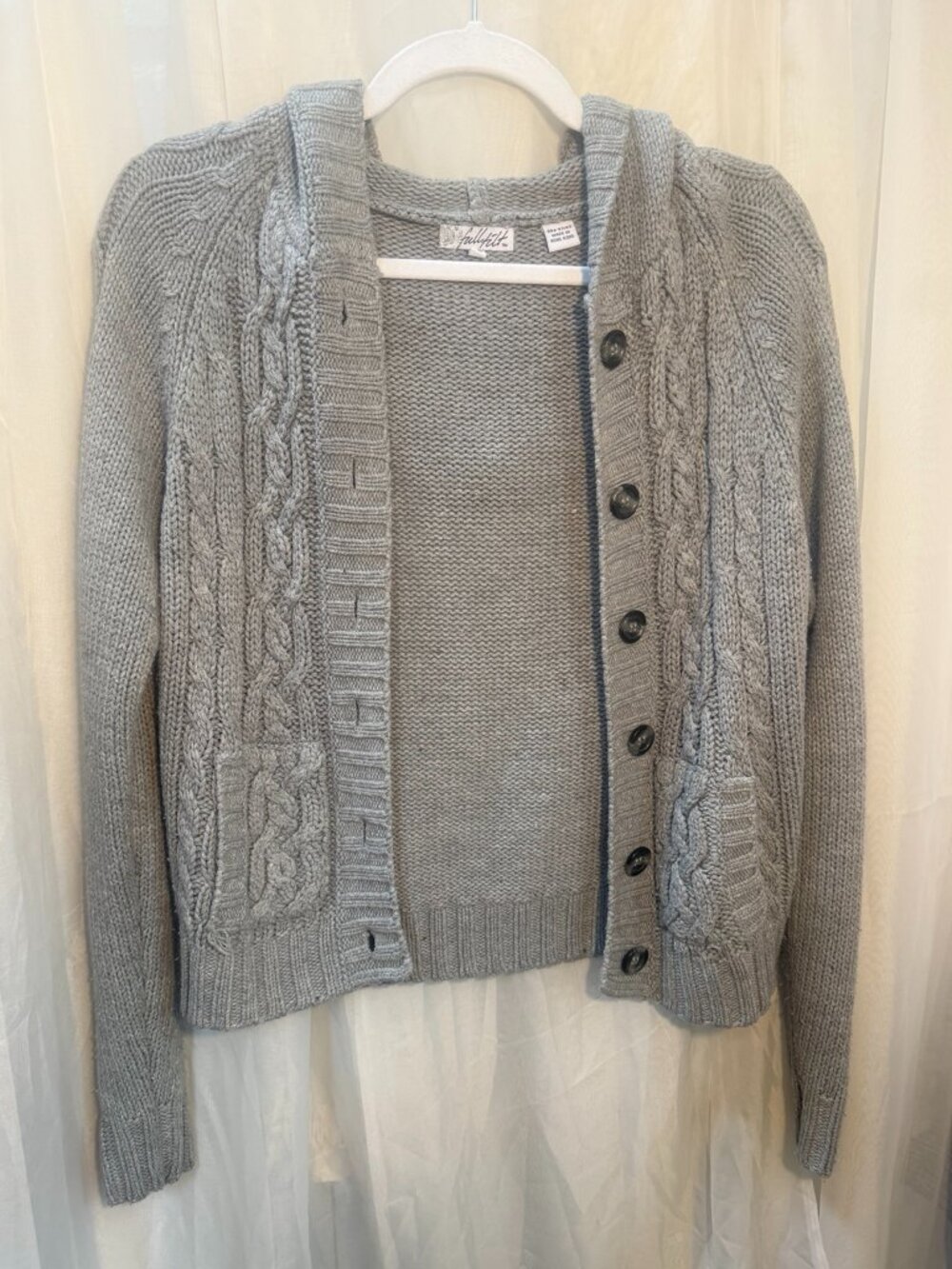Full Tilt Gray Cable Knit Hooded Cardigan Sweater Button Front Size L